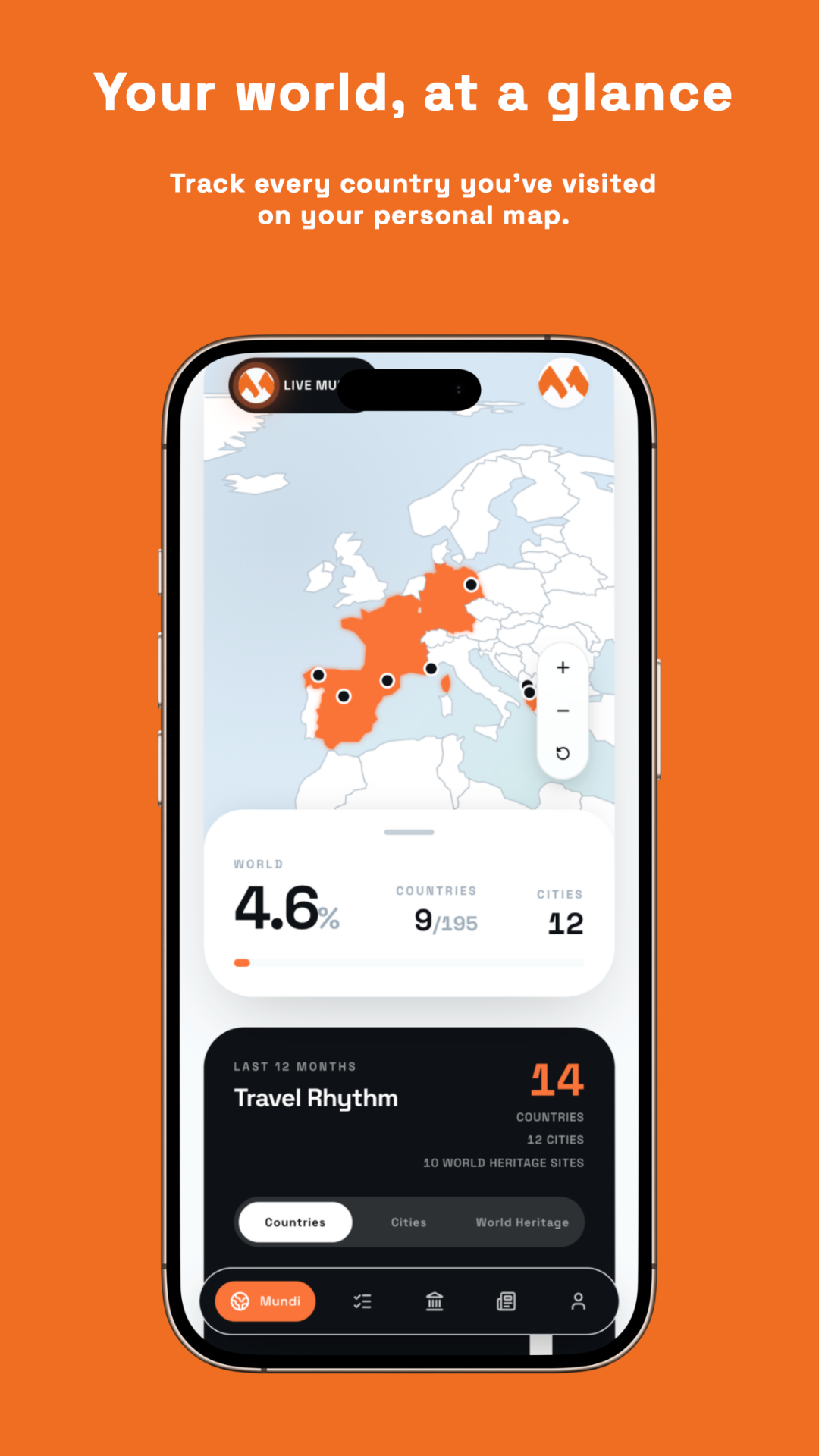 Mundi app showing personal world map with visited countries